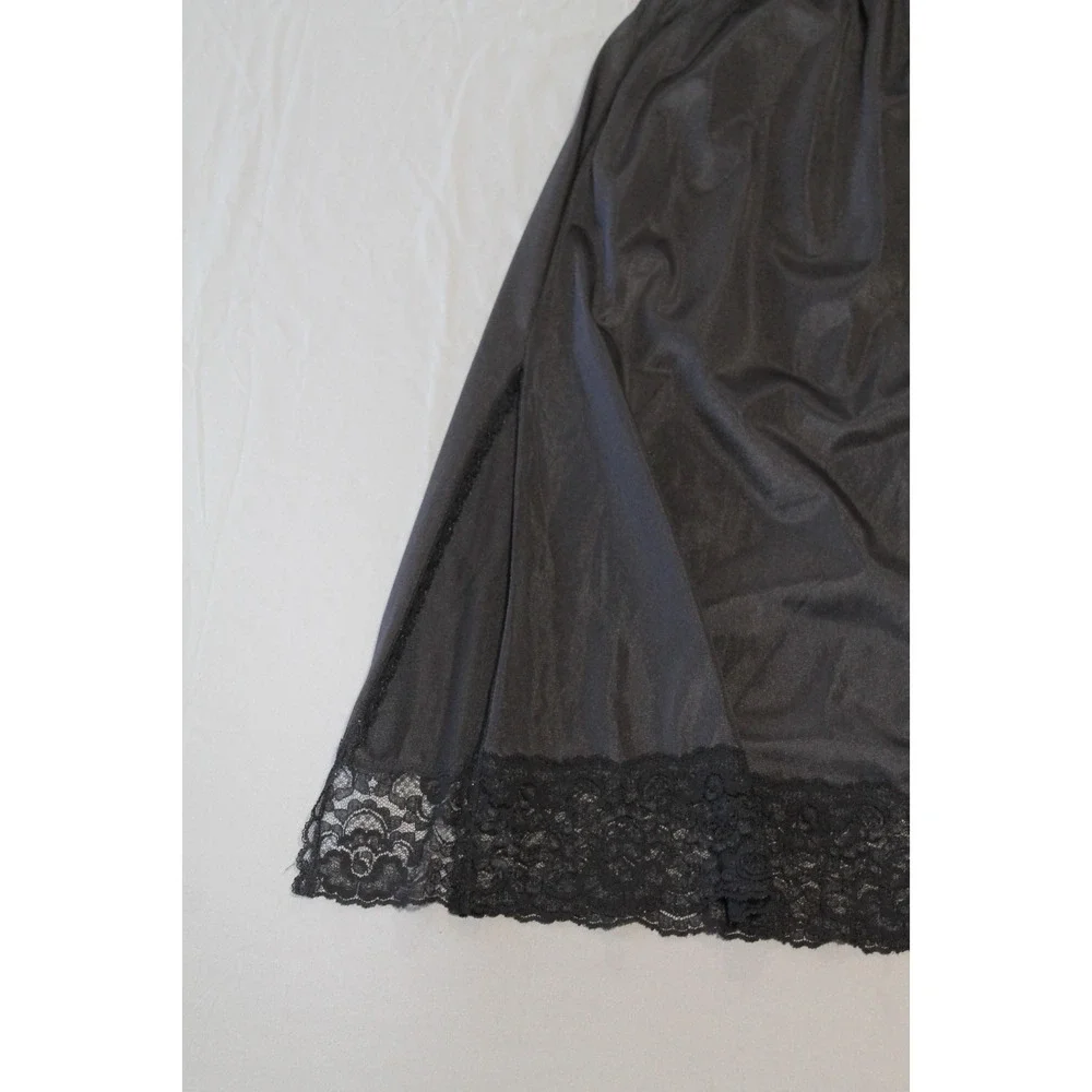 Vintage Sears Medium Black Half Slip Lace Detail Elastic Waist Side Slit 80s 90s